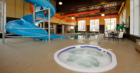 Our heated indoor saltwater pool with waterslide